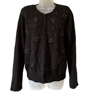 Black Beaded Floral Button Front Casual Formal Grandma Black Cardigan Sweater